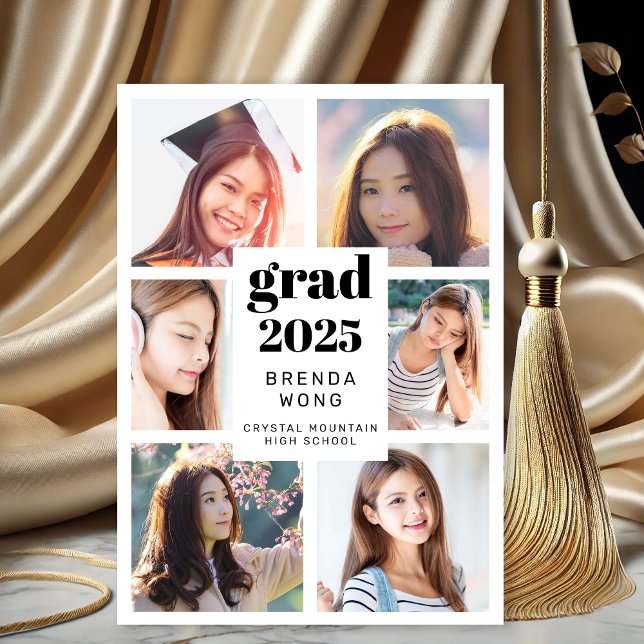 Guión negro blanco de graduación 6 Collages de fot (Modern White and Black Six Photo Graduation Announcement)