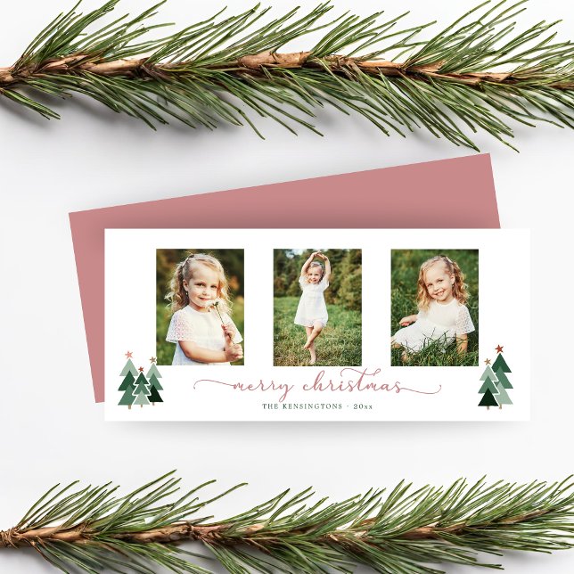 Guión rosado Navidad Árboles festividad 3 Foto (Pink Script Christmas Trees Holiday 3 Photo Card)