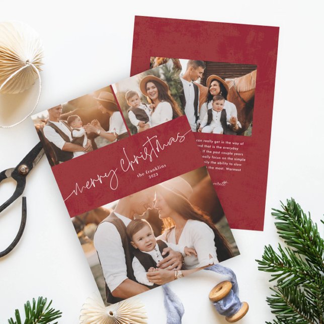 Guión simple alegre collage de fotos de navidad (Modern script merry christmas photo collage red holiday card.)