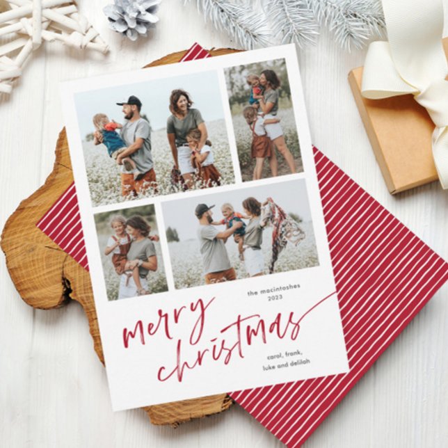 Guión simple de collage de 4 fotos Feliz Navidad (Modern script merry christmas 4 photo collage minimal red and white Christmas holiday card.)