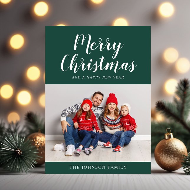 Guión verde simple Un Navidad fotográfico (Simple Green Script One Photo Christmas Holiday Card)