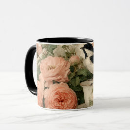 guiones antiguos, taza de té, peonías y pájaro