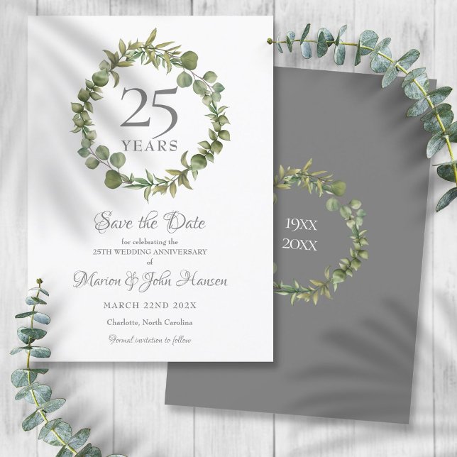 Guirnalda de vegetación para la tarjeta de aviso d (25th Anniversary Save the Date Greenery Garland Invitation)