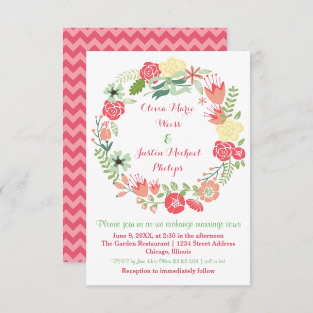 Guirnalda floral rosada - invitación de la boda (Anverso / Reverso)