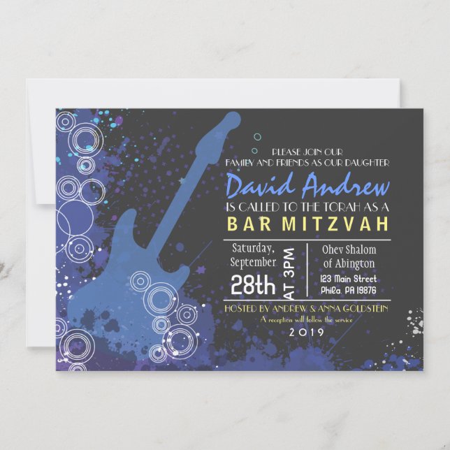 GUITAR Musical Bar Bat Mitzvah Invitación Fiesta (Anverso)