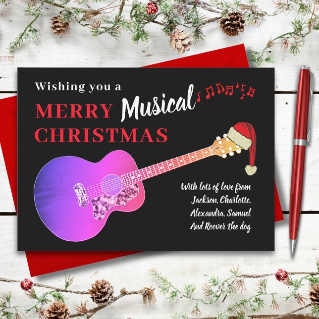 Guitar Musical Feliz Navidad Presupuesto Rosa (Christmas guitar wearing a Santa hat custom pink and black budget holiday greetings postcard)