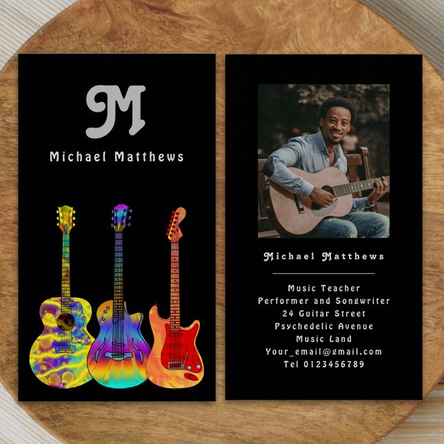Guitar Teacher Personalizado Foto Retro tarjeta de (Modern music teacher professional musician gray black photo Business card personalized monogram )
