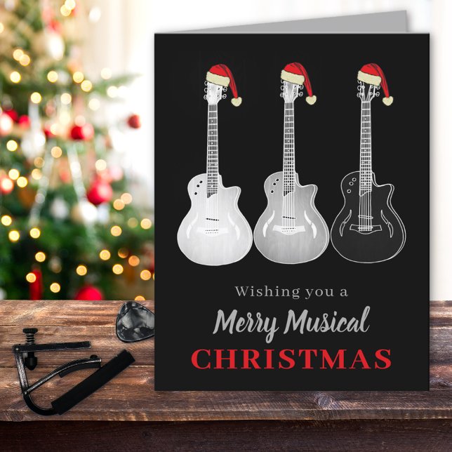Guitarra Cool Navidad Negro y Blanco (christmas guitars custom holiday greetings card)