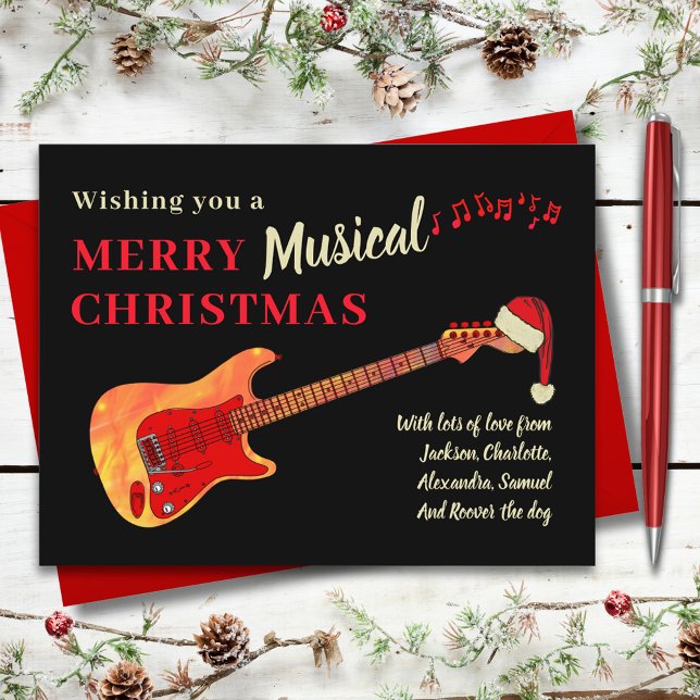 Guitarra de Navidad con un sombrero de Santa (Rock and roll merry musical christmas holiday greetings card fire electric guitar wearing Santa hat)