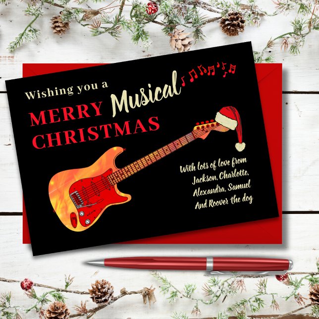 Guitarra de Navidad Personalizada (Merry musical christmas red and black cool electric fire guitar themed holiday card)