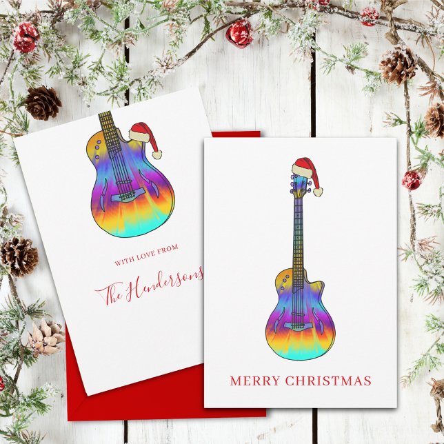 Guitarra de Navidad Personalizada Psicodélica geni (Colorful Christmas guitar personalized holiday card For guitarists musicians and music lovers)