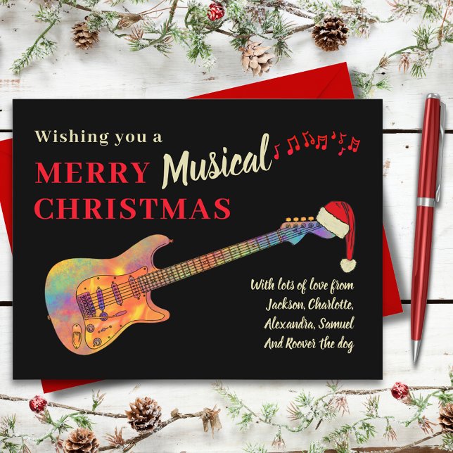 Guitarra de Navidad Personalizada Retro Groovy (Rock and roll Christmas funky guitar wearing a Santa hat custom holiday greetings card guitarist )