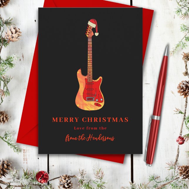 Guitarra Eléctrica de Feliz Navidad (Merry Christmas Music themed stylish guitar personalized black and red holidays greetings card)