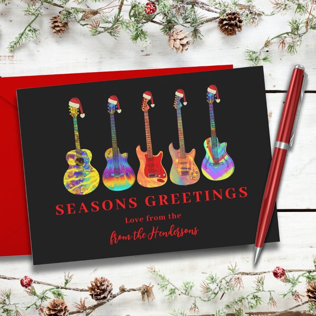 Guitarras de Navidad Personalizadas Saludos de Tem (Cool music seasons greetings colorful guitars wearing Santa hats red and black holidays card)