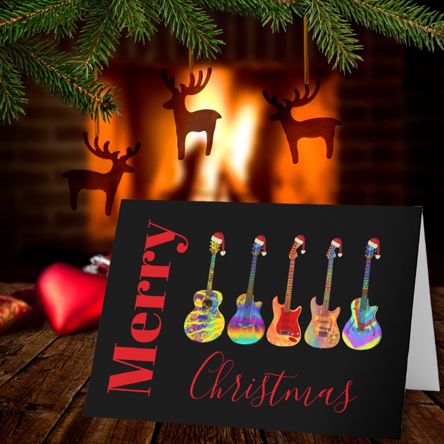 Guitarras Navidad Musical Jazzy Colorido (Merry Christmas guitars wearing Santa hats cool music themed holiday card)