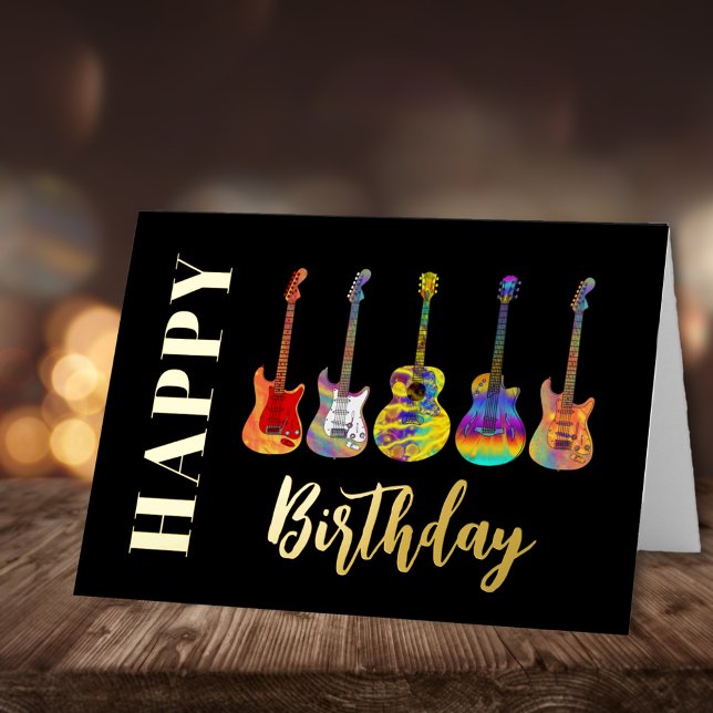 Guitars coloridos Feliz cumpleaños, negro y oro (Colorful guitar black gold foil happy birthday greetings card for musicians guitarists music lovers)