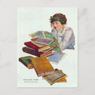 Gusano de biblioteca vintage con postal de la revi