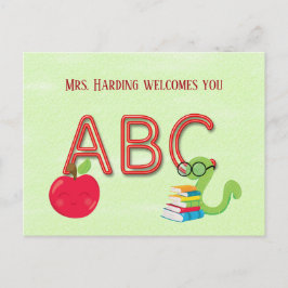 Gusano de libros de letras de neón ABC con postal