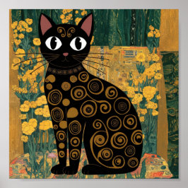 Gustav Klimt Floral Black Cat Alterado Arte Vintag
