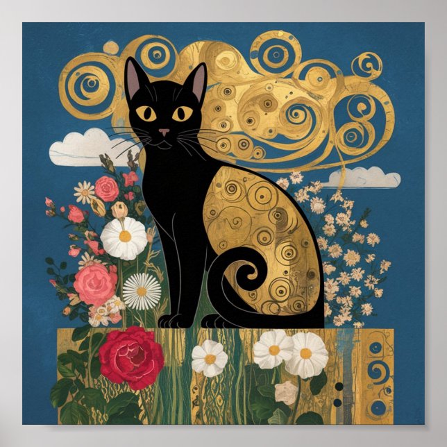 Gustav Klimt Floral Black Cat, arte ecléctico mode (Frente)