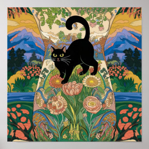 Gustav Klimt Floral Gato Negro Arte Vintage Altera
