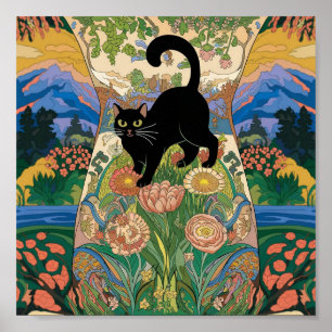 Gustav Klimt Floral Gato Negro Arte Vintage Altera