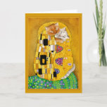 Gustav Klimt Kiss lindo gato parodia tarjeta de sa<br><div class="desc">Esta es una parodia de la pintura de Gustav Klimt conocida como "El Beso". Debido a que mi versión incluye gatos, se titula "Gatos Besos". Puede cambiar el mensaje interior si lo desea, o el color del marco de la cubierta. Esta imagen también está disponible en otros productos de mi...</div>