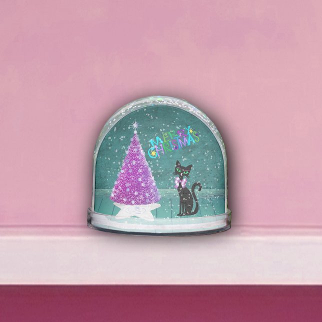 Habitación Verde azulada de árbol de navidad rosad (Pretty black cat pink silver sparkle tree Colourful Merry Christmas in teal room on snowglobe.)