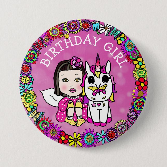 Hada de Cumpleaños Magenta y Botón de Unicornio (Anverso)