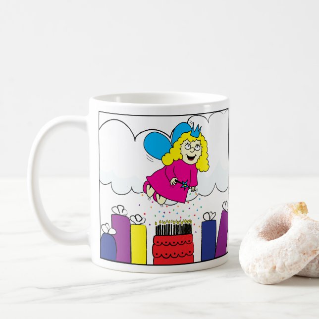 Hada de cumpleaños sobre tazas clásicas de café bl (Con donut)