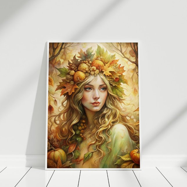 Hada de hojas doradas - Impresión de arte mural et (Golden Leaf Fairy – Ethereal Autumn Wall Art Print in a white wooden frame)