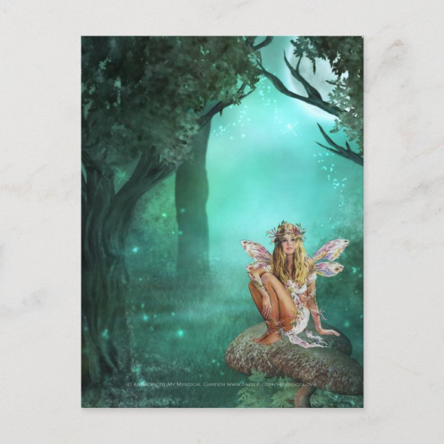 Hada sentada en una postal de parche de hongos 2 (Anverso)