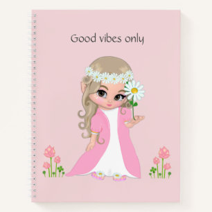 Hada y flores en cuaderno rosa claro