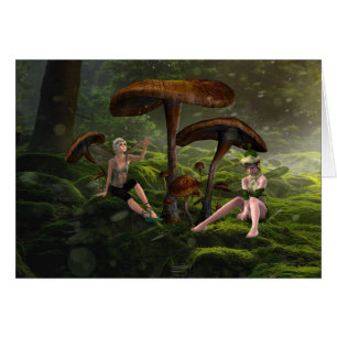 Hadas bajo hongos en el bosque, tarjeta de fantasí