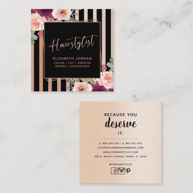 Hair Floral Black Rosa Gold Square tarjeta de visi (Anverso / Reverso)