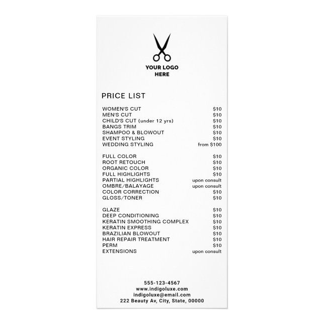 Hair Salon Add Your Logo Service Menu Price List (Frente)
