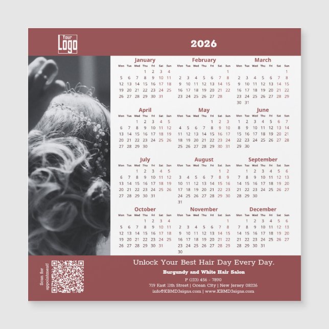 Hair Salon Burgundy White 2026 Calendar Magnet (Anverso)