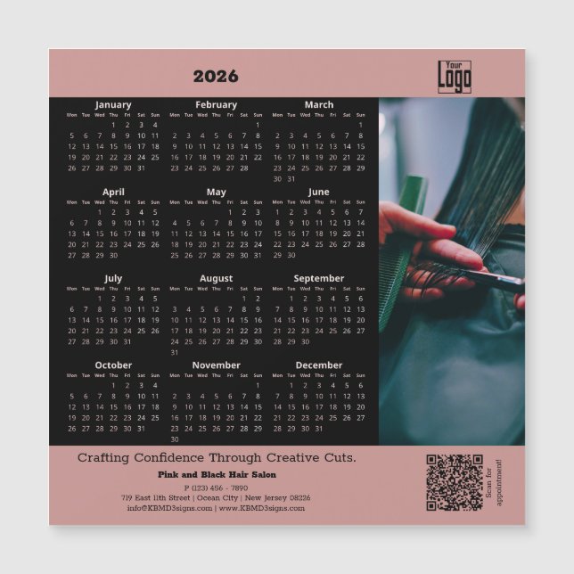 Hair Salon Pink Black 2026 Calendar Magnet (Anverso)