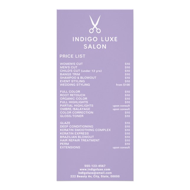 Hair Salon Scissors Purple Service Menu Price List (Frente)