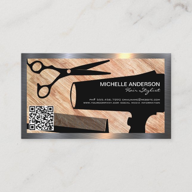 Hair Tools | Madera | Tarjeta de cita de código QR (Anverso)