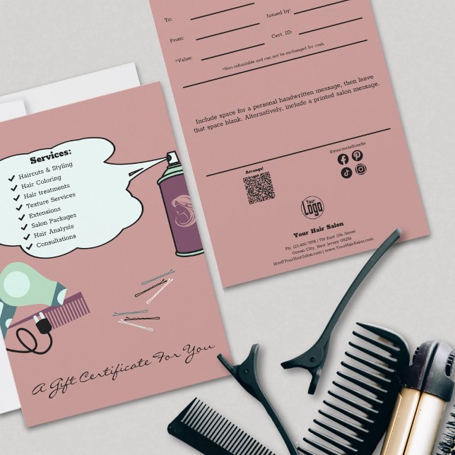 Hair Tools Pink Salon Certificado Regalo Tarjeta p (Whimsical Hair Tools Pink Salon Gift Certificate Flat Card, Logo, QR Code, Note, Social)