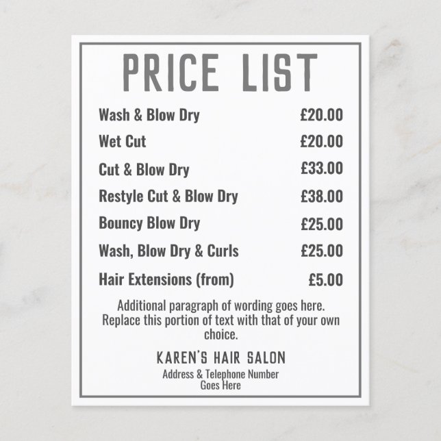 Hairdresser Hair Salon Leaflet Price List Flyer (Frente)
