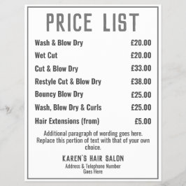 Hairdresser Hair Salon Leaflet Price List Flyer
