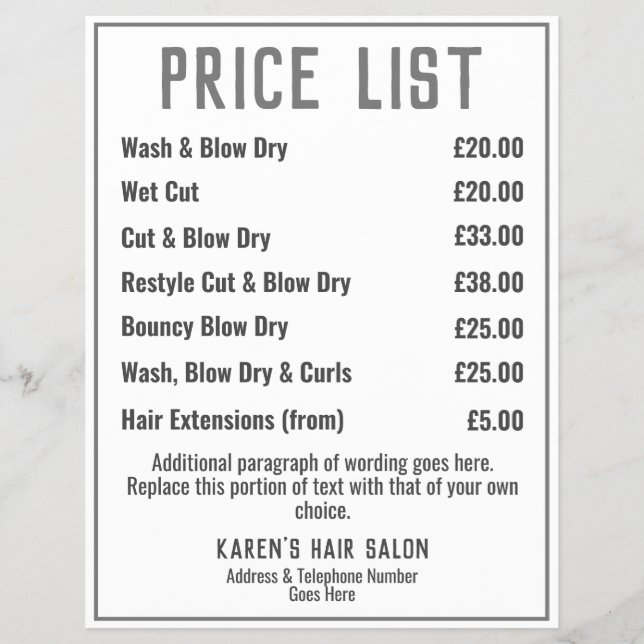 Hairdresser Hair Salon Leaflet Price List Flyer (Frente)