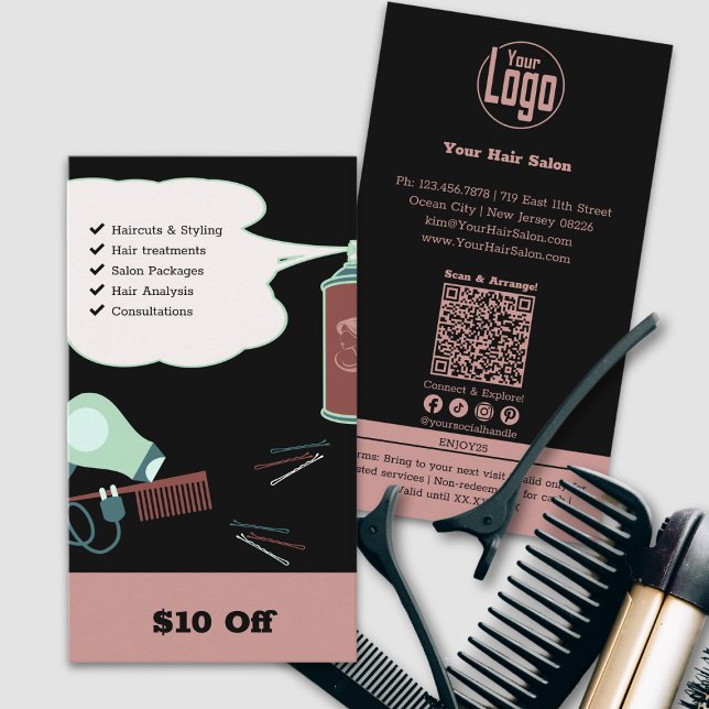Hairdresser moderno $10 Tarjeta de descuento (Modern Hairdresser $10 Off Discount Card, Pink Black, Logo, QR code, Social, Tracking, Service List)