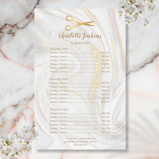 Hairstylista Gold Scissors Marble Service Menú (Hairstylist Gold Scissors Marble Service Menu Flyer)