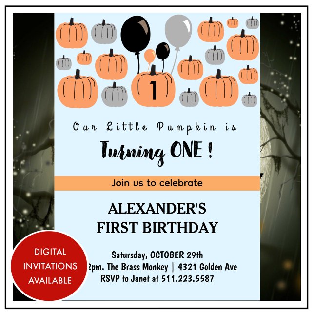Halloween 1º cumpleaños invitaciones octubre para  (halloween-1st-birthday-invitations-autumn-pumpkins-1)