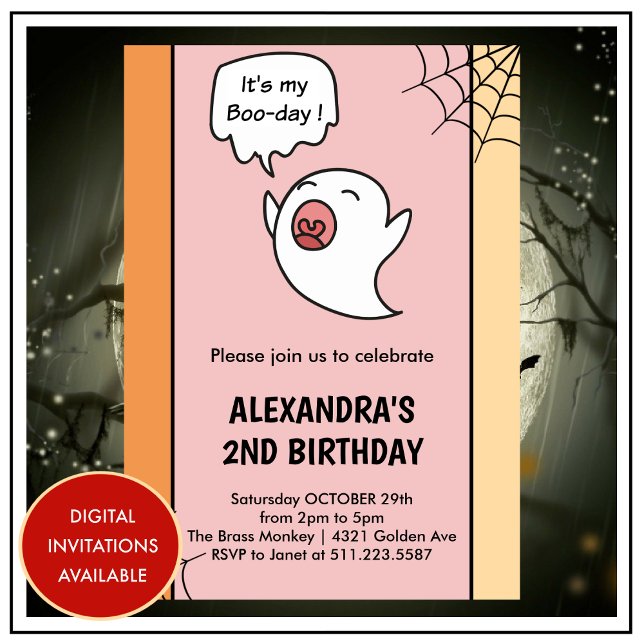 Halloween 2ª invitación de cumpleaños pequeño boo  (halloween-2nd-birthday-invitations-cute-ghost-3)