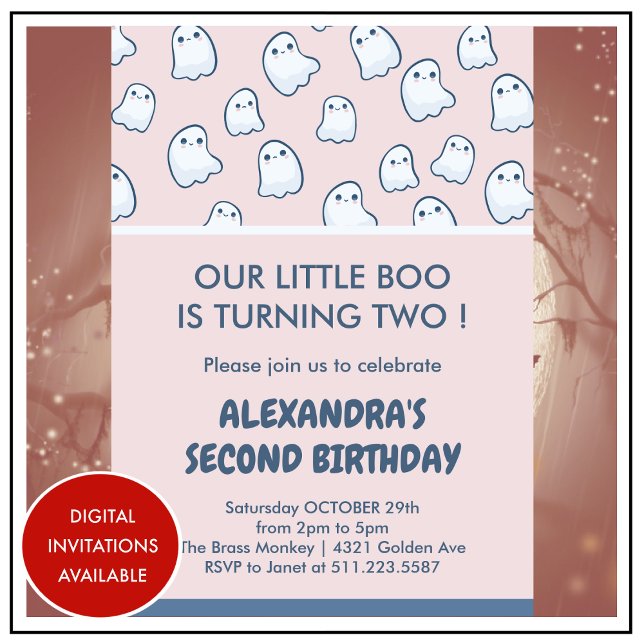 Halloween 2º cumpleaños invitaciones poco lindo (halloween-2nd-birthday-invitation-pink-ghosts-1)