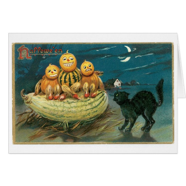 Halloween anticuado, calabazas y gato negro (Anverso (Horizontal))
